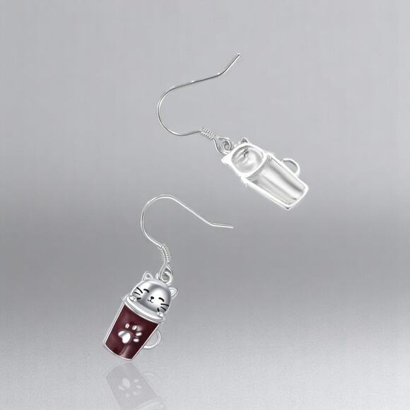 Cat Coffee Cup Earrings – Kawaii Teacup Paw Print Dangle Jewelry, New - Picture 4 of 12